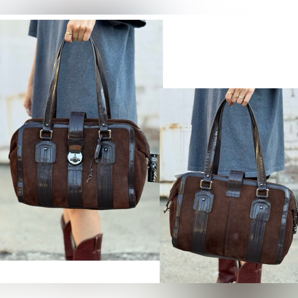 Black suede and burgundy patent leather Boston bag